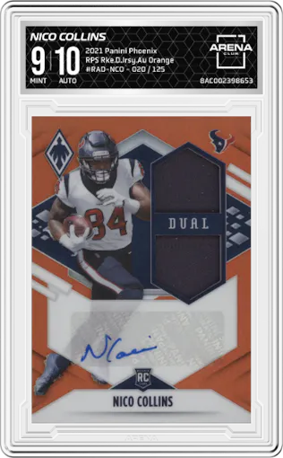 Nico Collins from the 2021 Panini Phoenix set featuring a Orange parallel graded by Arena Club and given an overall grade of 9.
