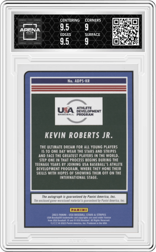 Kevin Roberts Jr. from the 2023 Panini Stars & Stripes USA set graded by Arena Club and given an overall grade of 9.5.