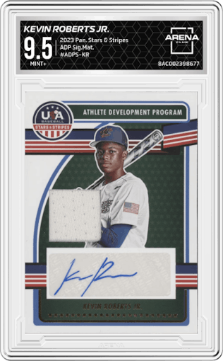 Kevin Roberts Jr. from the 2023 Panini Stars & Stripes USA set graded by Arena Club and given an overall grade of 9.5.