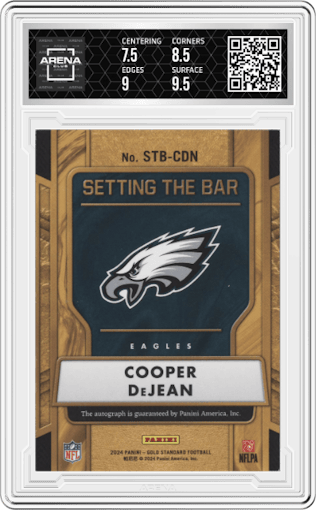 Cooper DeJean from the 2024 Panini Gold Standard set featuring a Rose Gold parallel graded by Arena Club and given an overall grade of 8.