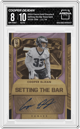 Cooper DeJean from the 2024 Panini Gold Standard set featuring a Rose Gold parallel graded by Arena Club and given an overall grade of 8.