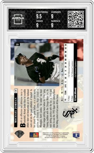 Michael Jordan from the 1994 Upper Deck set featuring a Electric Diamond parallel graded by Arena Club and given an overall grade of 9.