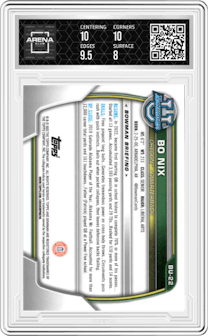 Bo Nix from the 2023 Topps The National VIP set graded by Arena Club and given an overall grade of 8.5.