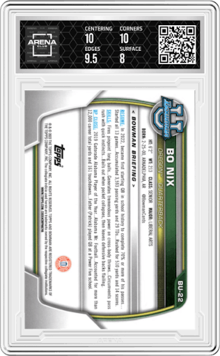 Bo Nix from the 2023 Topps The National VIP set graded by Arena Club and given an overall grade of 8.5.