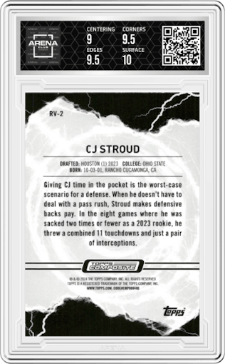 CJ Stroud from the 2024 Topps Motif Composite Football Mixer set featuring a Pink Ref. parallel graded by Arena Club and given an overall grade of 9.5.