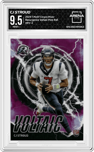 CJ Stroud from the 2024 Topps Motif Composite Football Mixer set featuring a Pink Ref. parallel graded by Arena Club and given an overall grade of 9.5.