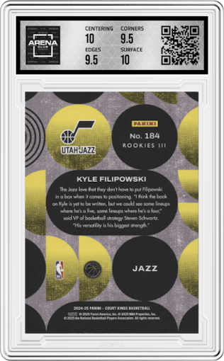 Kyle Filipowski  from the 2024-25 Panini Court Kings set graded by Arena Club and given an overall grade of 10.