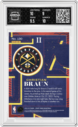 Christian Braun from the 2022-23 Panini Court Kings set graded by Arena Club and given an overall grade of 9.5.