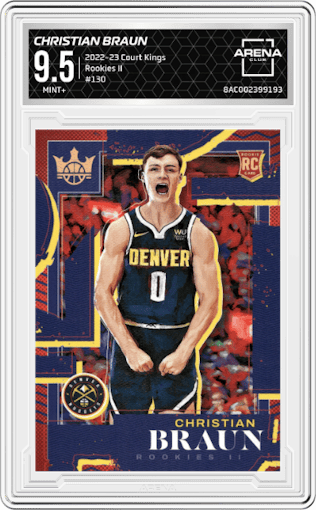 Christian Braun from the 2022-23 Panini Court Kings set graded by Arena Club and given an overall grade of 9.5.