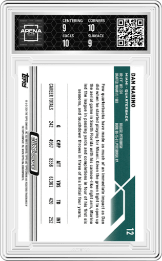 Dan Marino from the 2023 Topps Composite set featuring a Gold Geometric parallel graded by Arena Club and given an overall grade of 9.5.