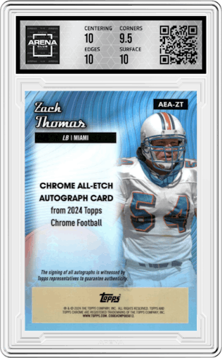 Zach Thomas from the 2024 Topps Chrome set featuring a Orange Geometric Refractor parallel graded by Arena Club and given an overall grade of 10.