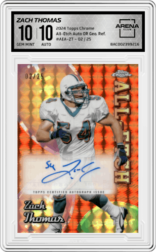 Zach Thomas from the 2024 Topps Chrome set featuring a Orange Geometric Refractor parallel graded by Arena Club and given an overall grade of 10.