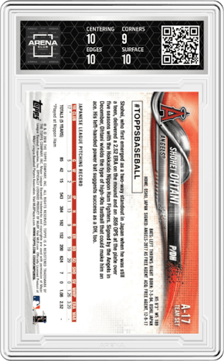 Shohei Ohtani from the 2018 Topps Baseball Factory Team Set set graded by Arena Club and given an overall grade of 9.5.