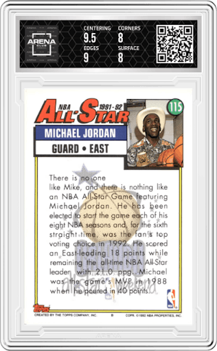 Michael Jordan from the 1992-93 Topps set graded by Arena Club and given an overall grade of 8.5.