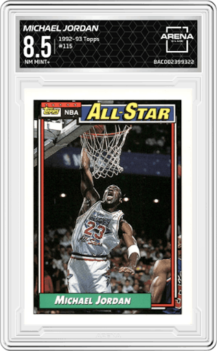 Michael Jordan from the 1992-93 Topps set graded by Arena Club and given an overall grade of 8.5.