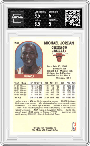 Michael Jordan  from the 1989-90 NBA Hoops  set graded by Arena Club and given an overall grade of 5.5.