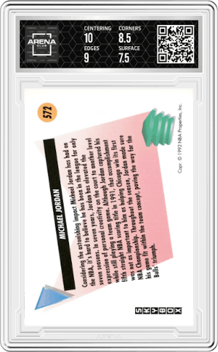 Michael Jordan from the 1991-92 Skybox set graded by Arena Club and given an overall grade of 8.