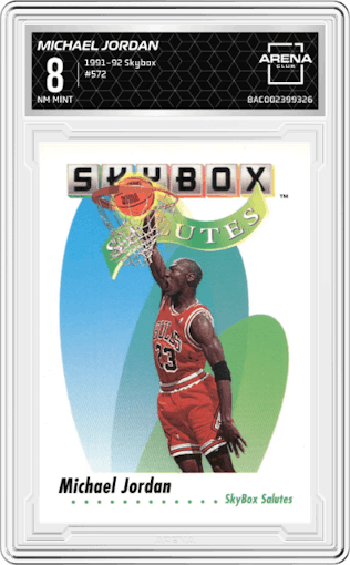 Michael Jordan from the 1991-92 Skybox set graded by Arena Club and given an overall grade of 8.