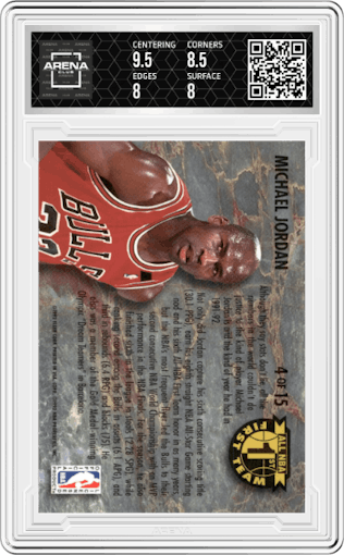 Michael Jordan from the 1992-93 Fleer Ultra set graded by Arena Club and given an overall grade of 8.5.