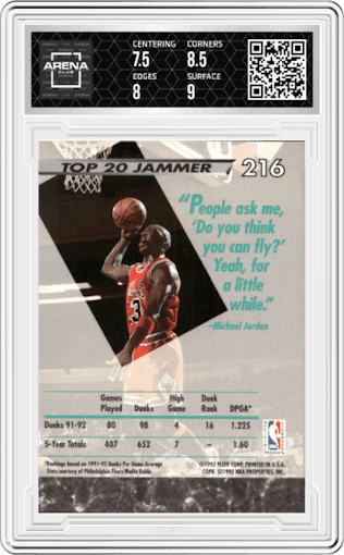 Michael Jordan from the 1992-93 Fleer Ultra set graded by Arena Club and given an overall grade of 8.