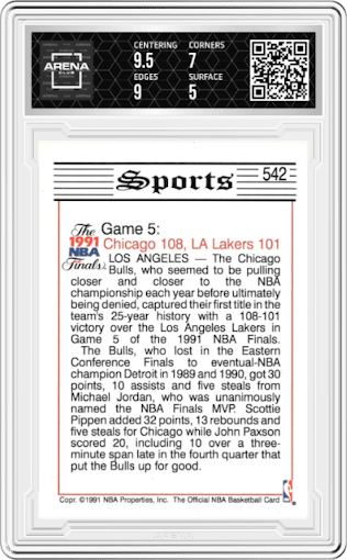 Michael Jordan from the 1991-92 NBA Hoops set graded by Arena Club and given an overall grade of 5.5.