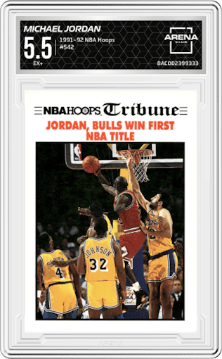 Michael Jordan from the 1991-92 NBA Hoops set graded by Arena Club and given an overall grade of 5.5.