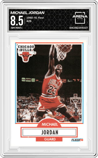 Michael Jordan from the 1990-91 Fleer set graded by Arena Club and given an overall grade of 8.5.