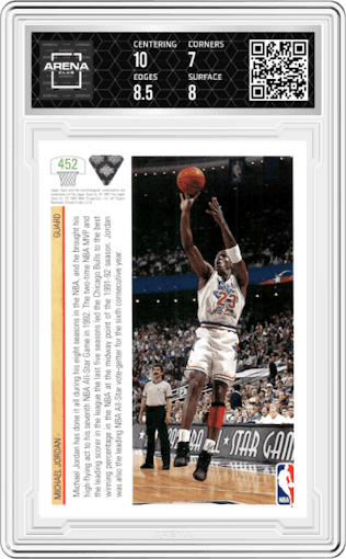 Michael Jordan from the 1991-92 Upper Deck set graded by Arena Club and given an overall grade of 7.5.