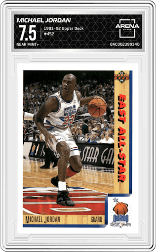 Michael Jordan from the 1991-92 Upper Deck set graded by Arena Club and given an overall grade of 7.5.