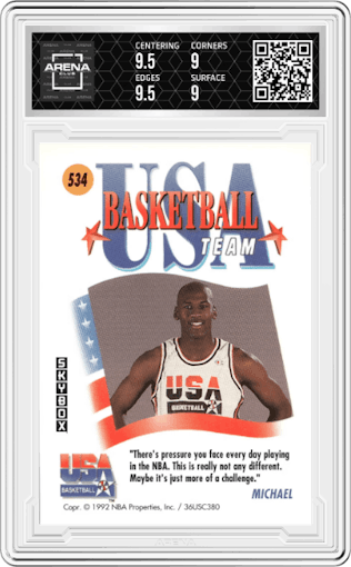 Michael Jordan from the 1991-92 Skybox set graded by Arena Club and given an overall grade of 9.5.