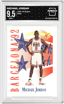 Michael Jordan from the 1991-92 Skybox set graded by Arena Club and given an overall grade of 9.5.