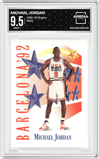 Michael Jordan from the 1991-92 Skybox set graded by Arena Club and given an overall grade of 9.5.