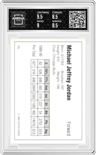 Michael Jordan from the 1990 Austin Cards NBA Paintings set graded by Arena Club and given an overall grade of 9.