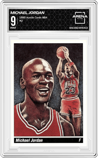 Michael Jordan from the 1990 Austin Cards NBA Paintings set graded by Arena Club and given an overall grade of 9.