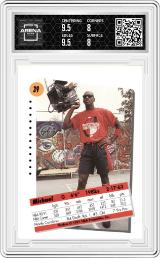 Michael Jordan from the 1991-92 Skybox set graded by Arena Club and given an overall grade of 8.5.
