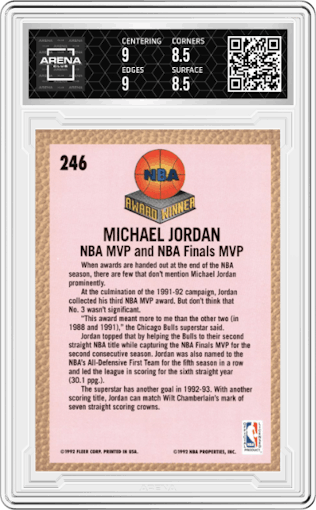 Michael Jordan from the 1992-93 Fleer  set graded by Arena Club and given an overall grade of 9.