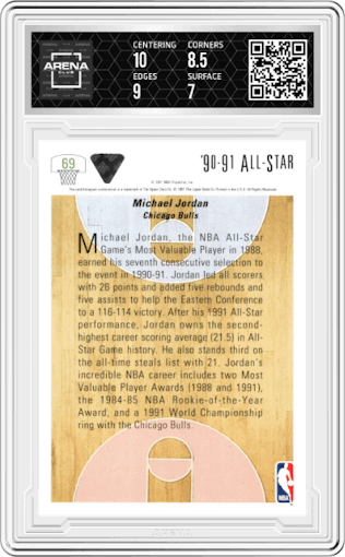 Michael Jordan from the 1991-92 Upper Deck set graded by Arena Club and given an overall grade of 7.5.