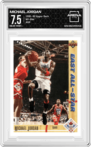 Michael Jordan from the 1991-92 Upper Deck set graded by Arena Club and given an overall grade of 7.5.