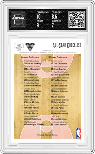 Michael Jordan from the 1991-92 Upper Deck set graded by Arena Club and given an overall grade of 7.5.