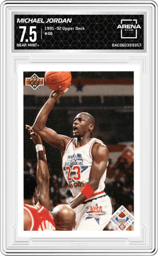 Michael Jordan from the 1991-92 Upper Deck set graded by Arena Club and given an overall grade of 7.5.