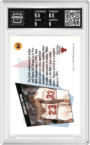 Michael Jordan/Scottie Pippen from the 1991-92 Skybox set graded by Arena Club and given an overall grade of 8.5.