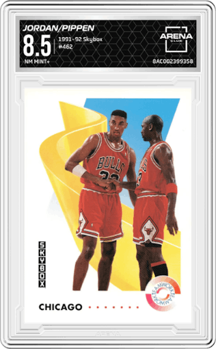 Michael Jordan/Scottie Pippen from the 1991-92 Skybox set graded by Arena Club and given an overall grade of 8.5.