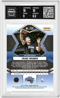 Franz Wagner from the 2021-22 Panini Mosaic  set featuring a Choice Red & Green parallel graded by Arena Club and given an overall grade of 7.