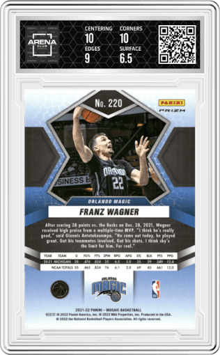 Franz Wagner from the 2021-22 Panini Mosaic  set featuring a Choice Red & Green parallel graded by Arena Club and given an overall grade of 7.