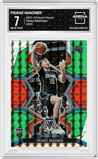 Franz Wagner from the 2021-22 Panini Mosaic  set featuring a Choice Red & Green parallel graded by Arena Club and given an overall grade of 7.