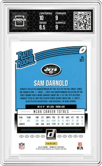 Sam Darnold from the 2018 Panini Donruss set featuring a Press Proof Red parallel graded by Arena Club and given an overall grade of 9.
