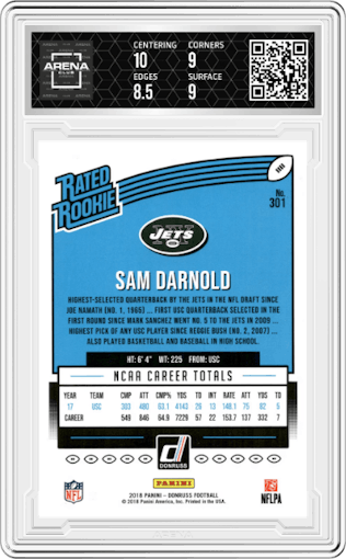 Sam Darnold from the 2018 Panini Donruss set featuring a Press Proof Red parallel graded by Arena Club and given an overall grade of 9.