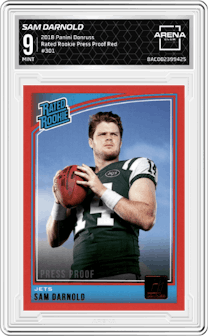 Sam Darnold from the 2018 Panini Donruss set featuring a Press Proof Red parallel graded by Arena Club and given an overall grade of 9.