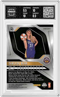 Cameron Brink from the 2024 Panini Prizm WNBA set featuring a Blue Velocity parallel graded by Arena Club and given an overall grade of 9.