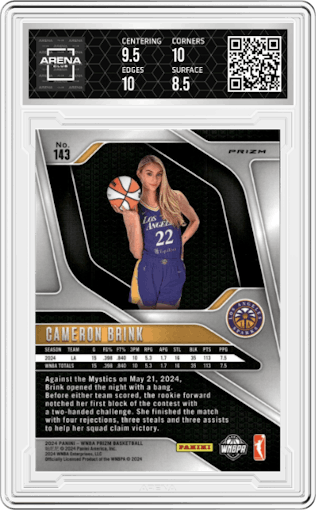 Cameron Brink from the 2024 Panini Prizm WNBA set featuring a Blue Velocity parallel graded by Arena Club and given an overall grade of 9.